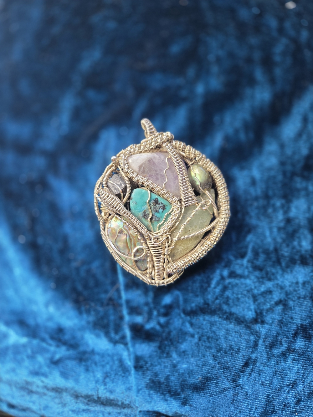 Handmade Wire-Wrapped Multi-Stone Pendant in Turquoise, Purple, and Gold